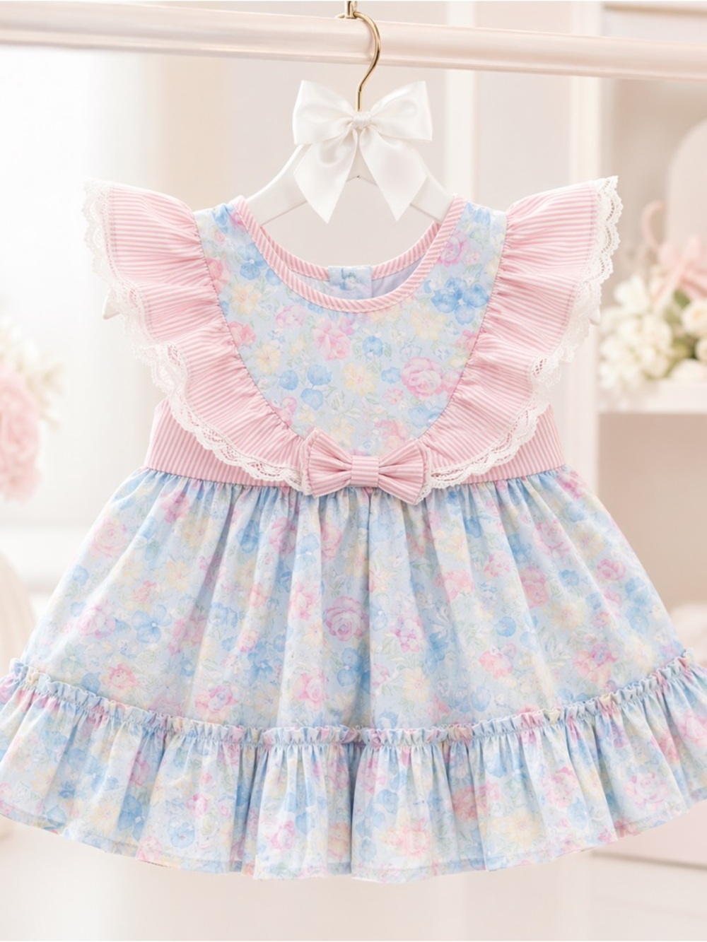 SPECIAL Rare Vintage Heirloom Pastel Floral Ruffle Dress Cottagecore Portrait